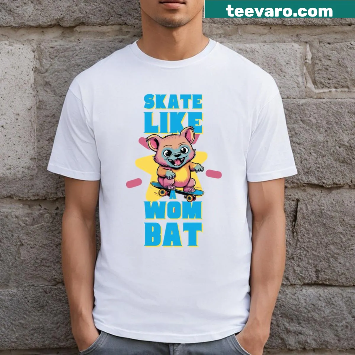 Cartoon wombat skating featured on a fun t-shirt — on a men's t-shirt