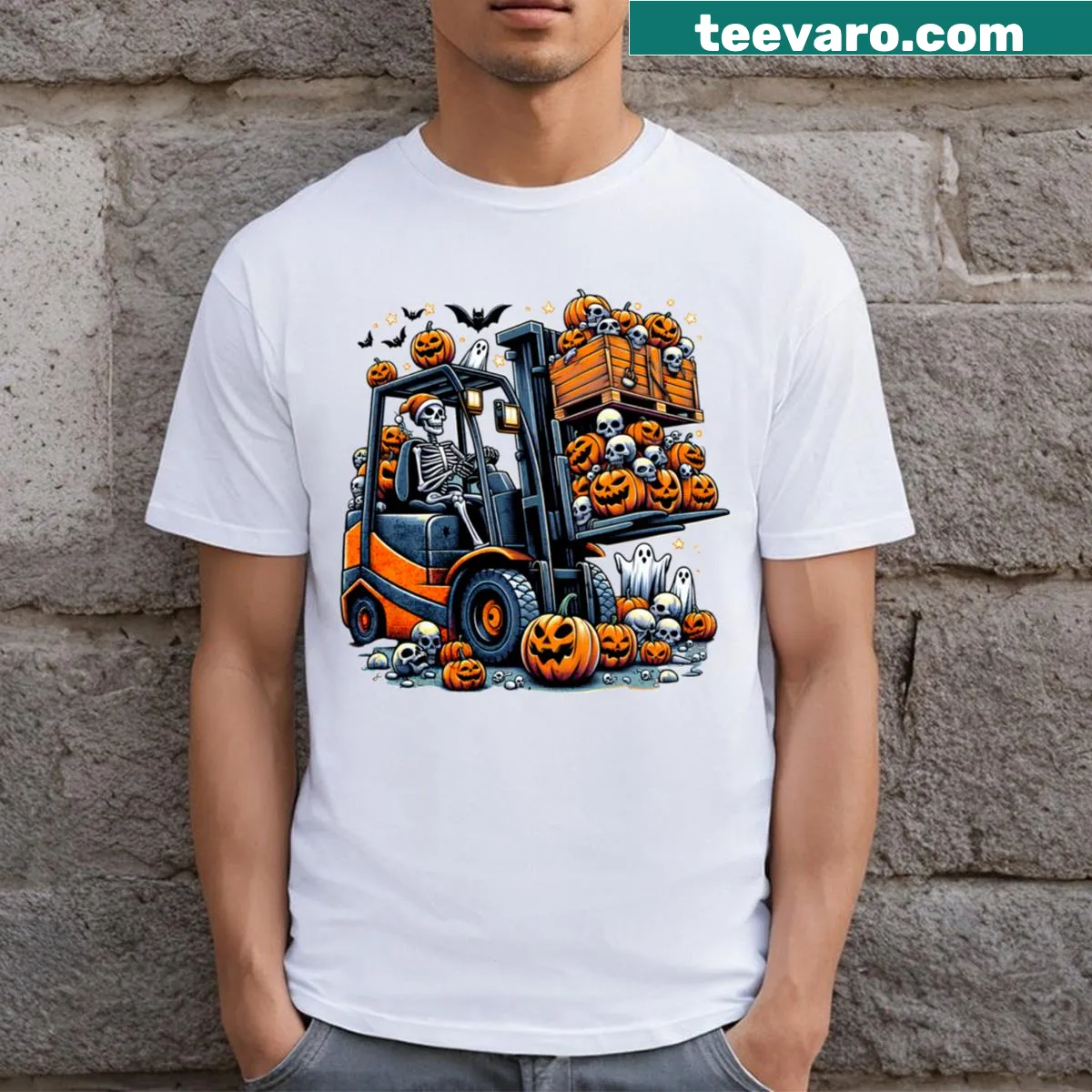Funny Halloween t-shirt featuring a skeleton forklift driver — on a men's t-shirt