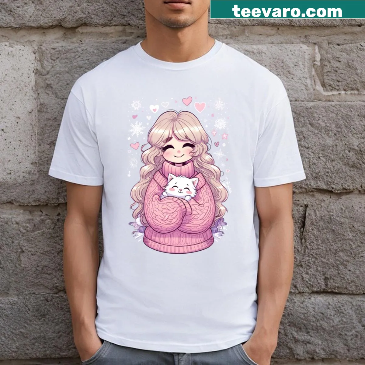 Cute illustration of snowflakes and cuddles on a winter t-shirt — on a men's t-shirt