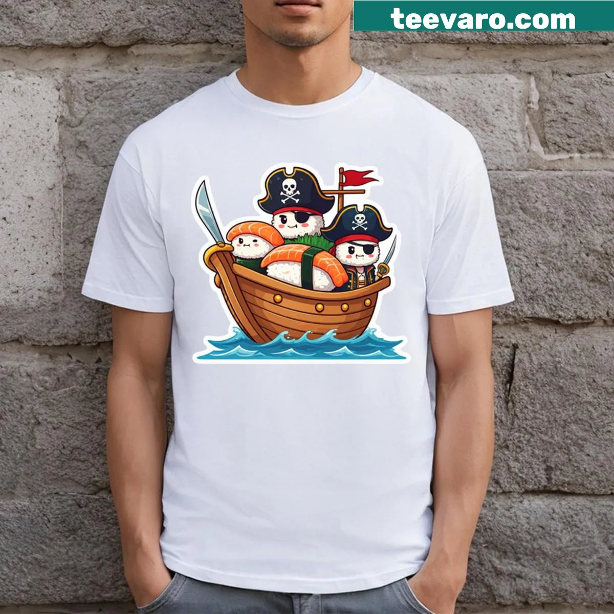 Whimsical sushi boat graphic on a casual t-shirt — on a men's t-shirt