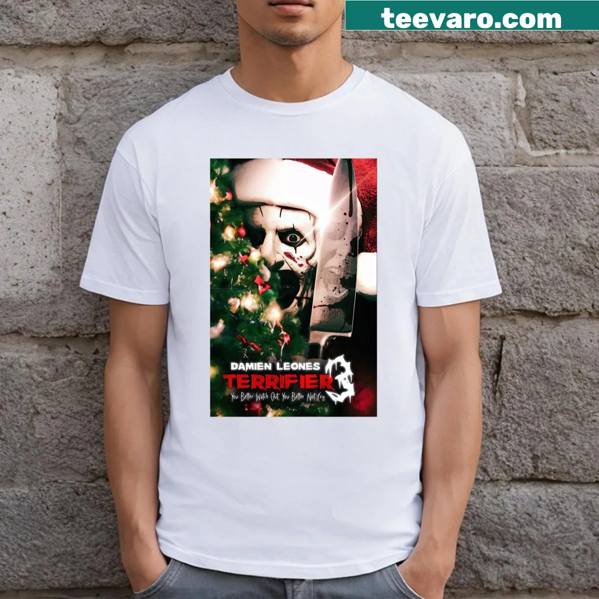 Terrifier 3 Christmas Clown t-shirt with horror theme — on a men's t-shirt