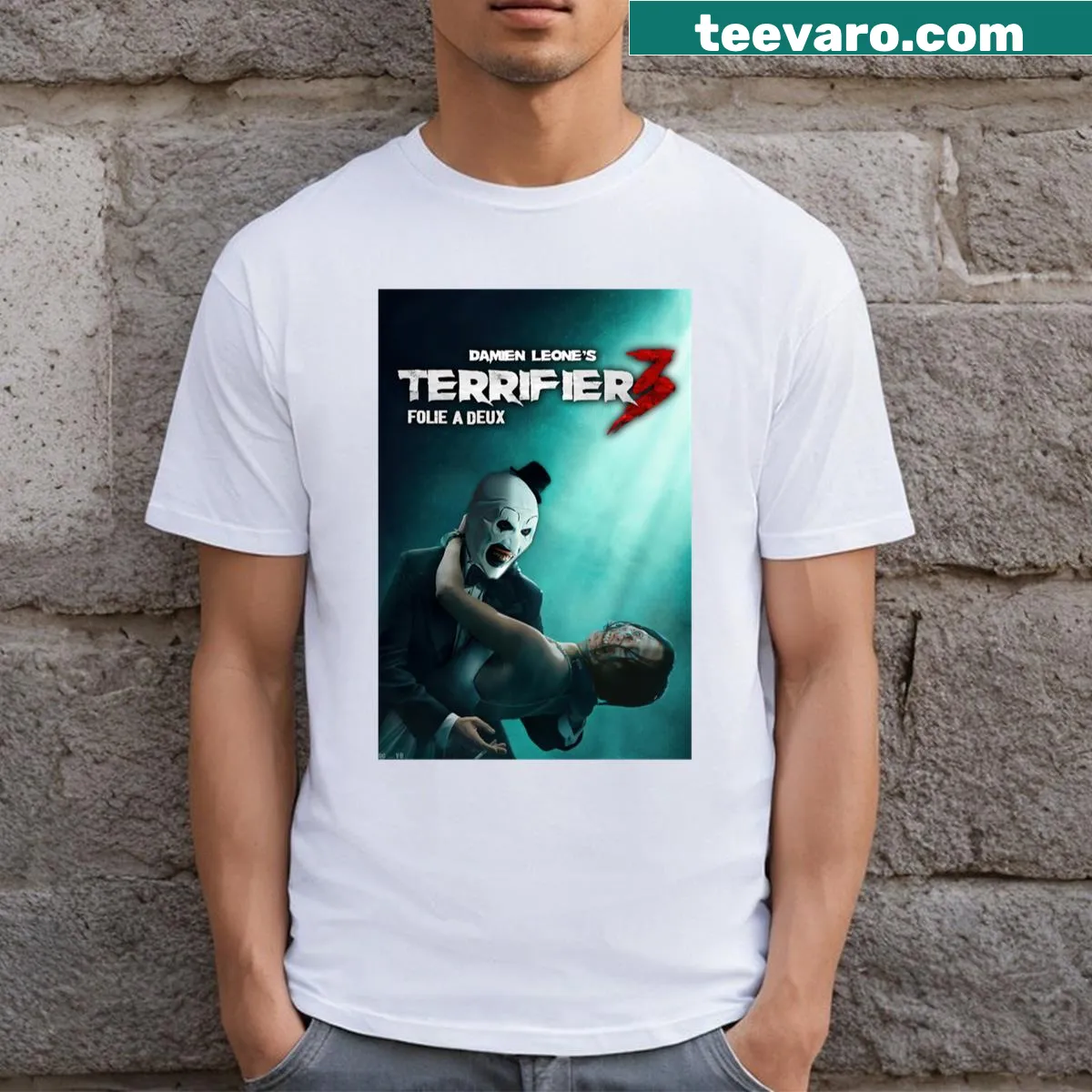 Terrifier 3 movie poster t-shirt with horror graphic — on a men's t-shirt
