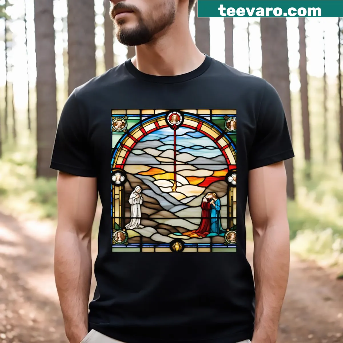 Stained glass design t-shirt featuring the Apostle of Love — on a men's t-shirt