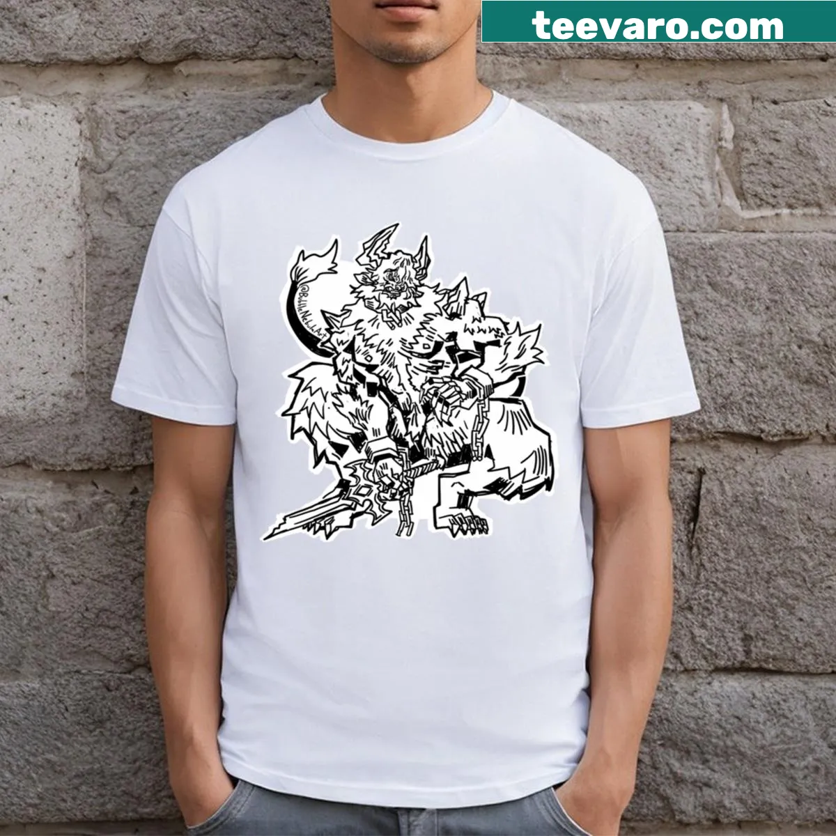 Black and white Minotaur illustration on a fantasy t-shirt — on a men's t-shirt