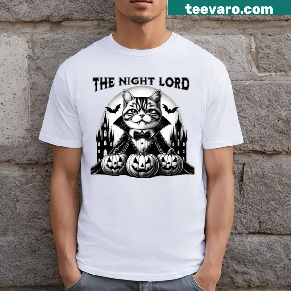 Vampire cat design T-shirt perfect for Halloween festivities.