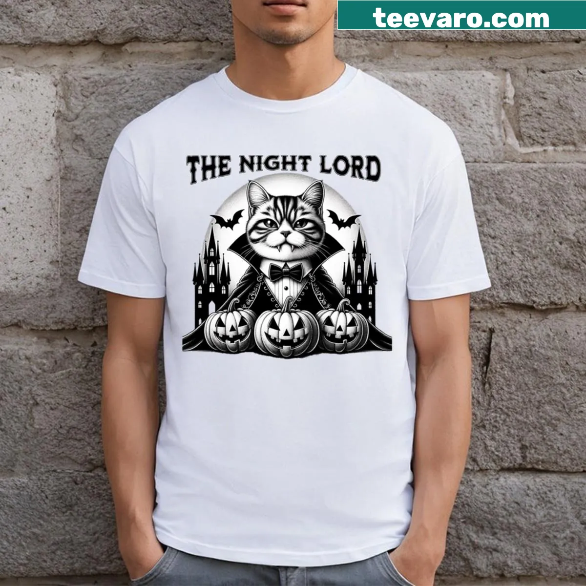 Vampire cat design T-shirt perfect for Halloween festivities. — on a men's t-shirt