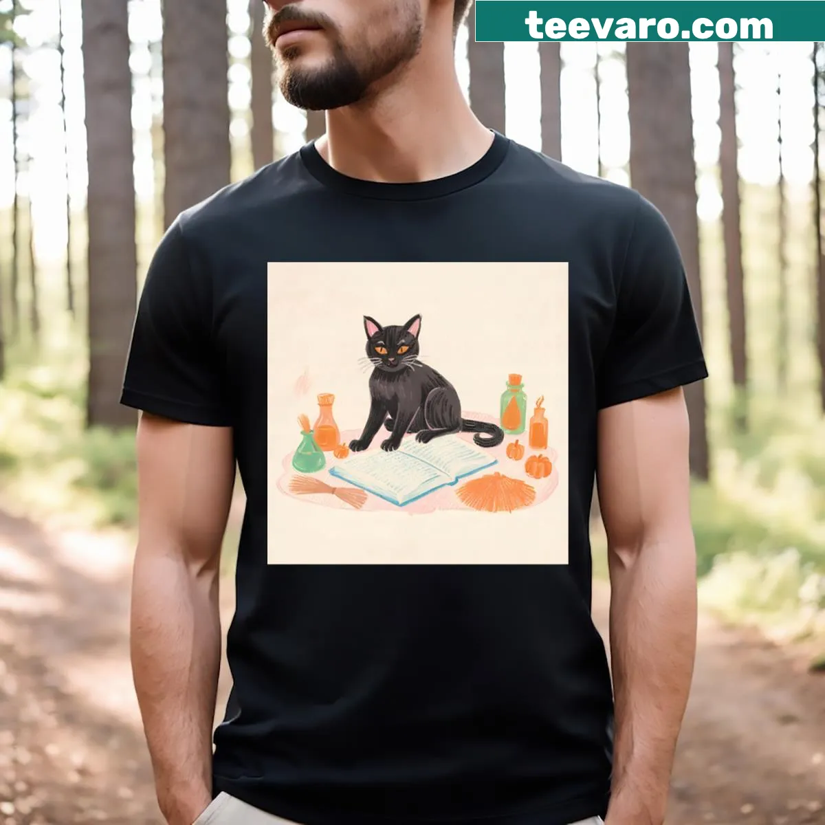 Illustrated Sorceress Cat t-shirt with whimsical graphics — on a men's t-shirt