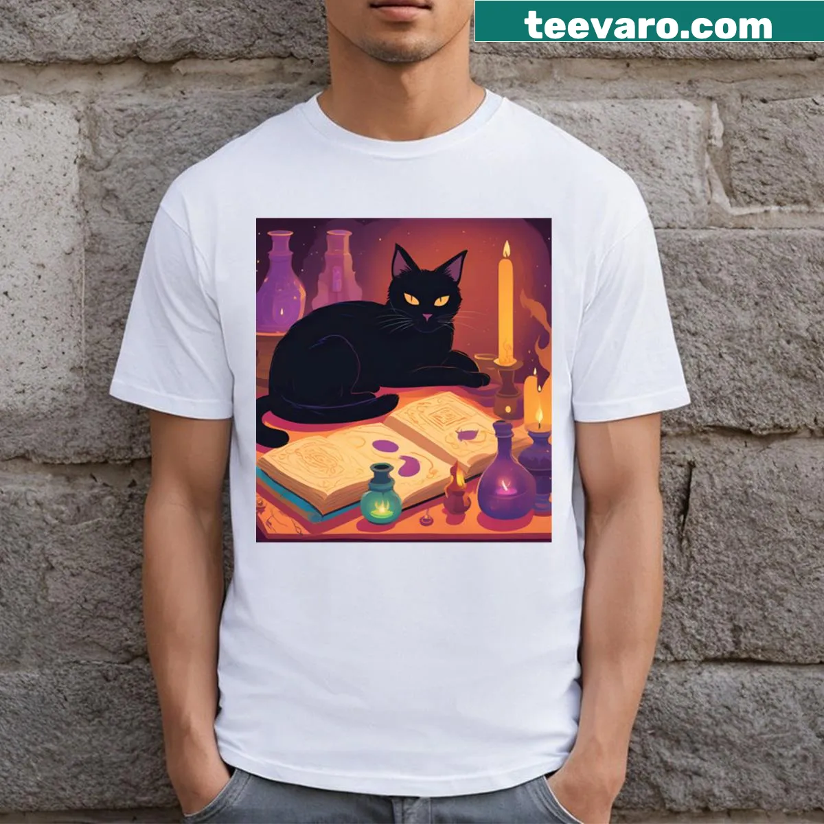 Whimsical T-shirt featuring a sorceress cat illustration — on a men's t-shirt