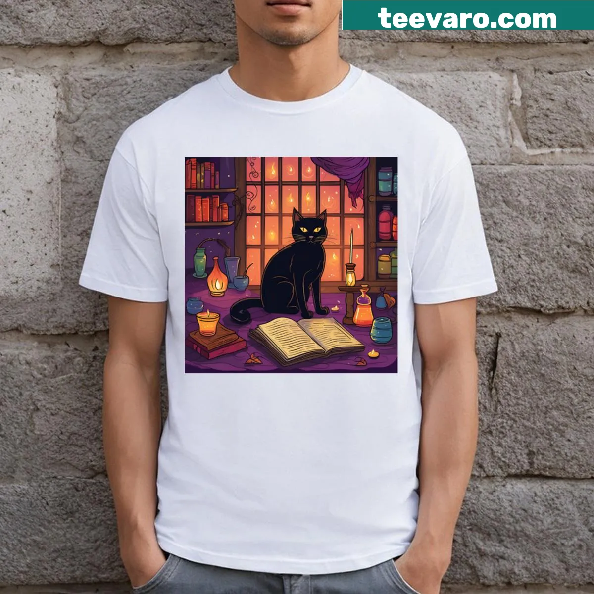 Enchanting illustration of a magical cat depicting whimsical sorcery. — on a men's t-shirt