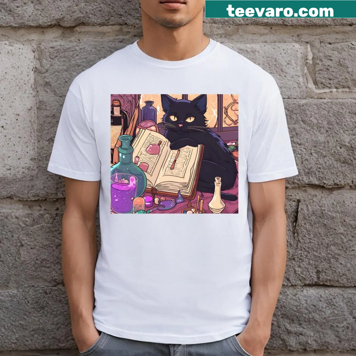 Magical cat illustration featuring a sorceress theme for whimsical charm. — on a men's t-shirt