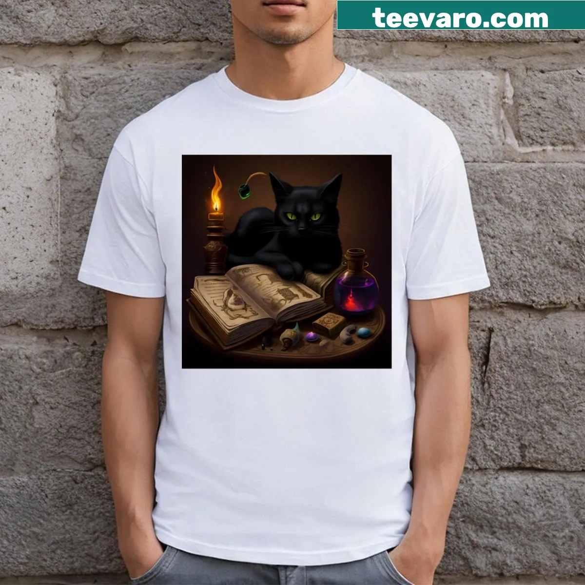 Feline sorceress illustration combining fantasy and cat elements for a whimsical look. — on a men's t-shirt