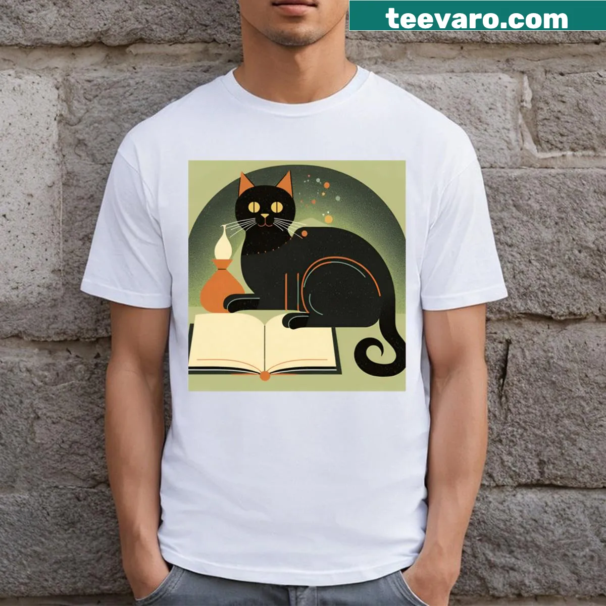 Whimsical cat design featuring magical elements for a fun look. — on a men's t-shirt