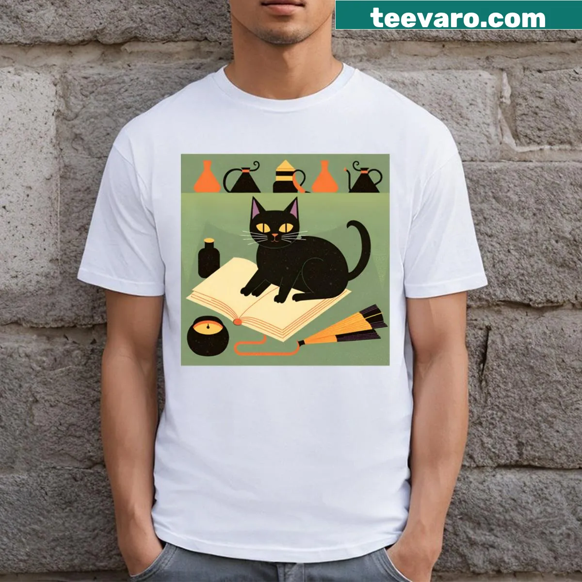 Charming illustration of a sorceress cat with magical symbols for a playful design. — on a men's t-shirt