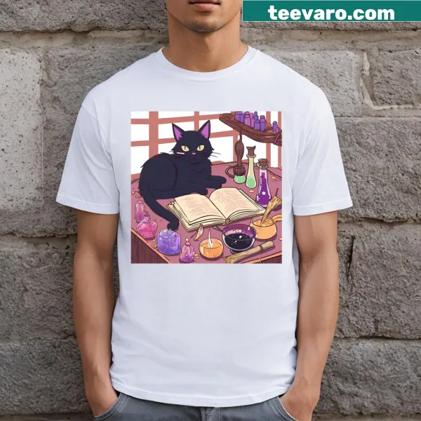 Charming cat sorceress illustration with stars on t-shirt