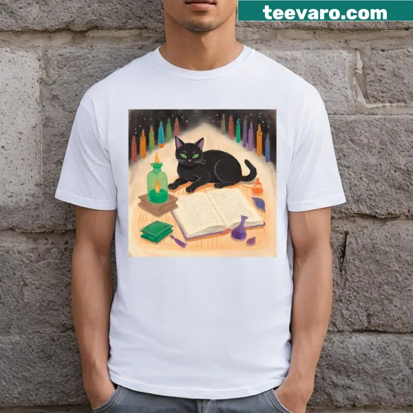 Whimsical cat sorceress design with stars on t-shirt