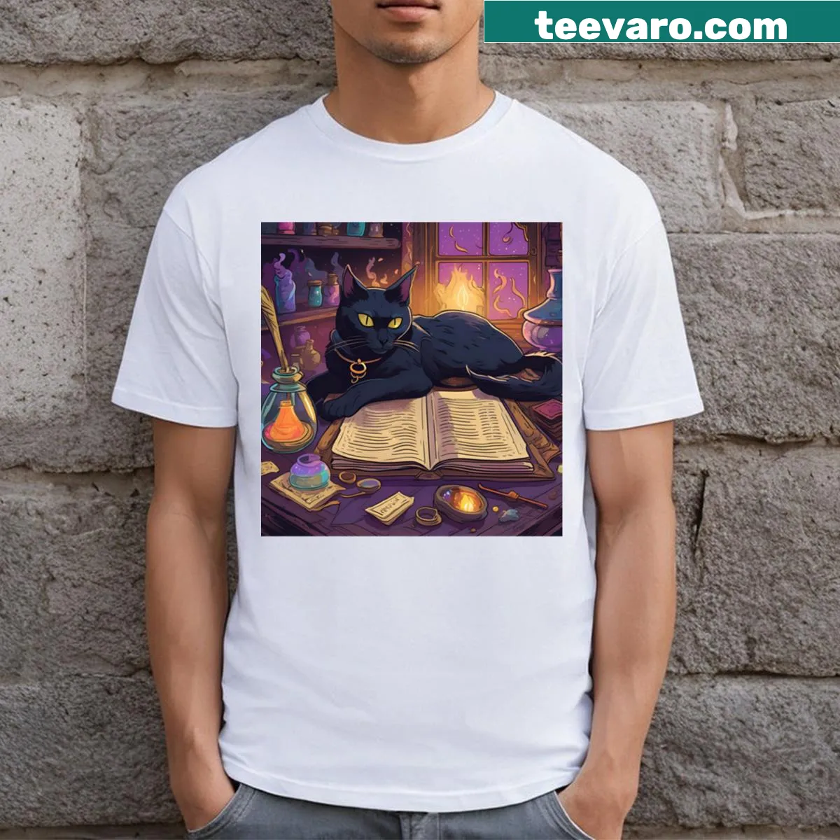 Magical illustration of a cat sorceress with whimsical elements. — on a men's t-shirt