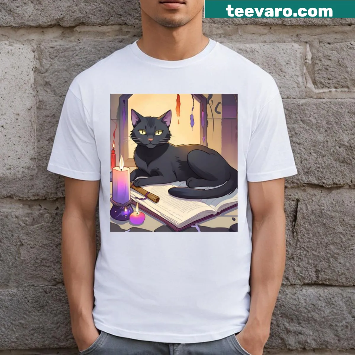Artistic sorceress cat design on t-shirt for cat lovers — on a men's t-shirt