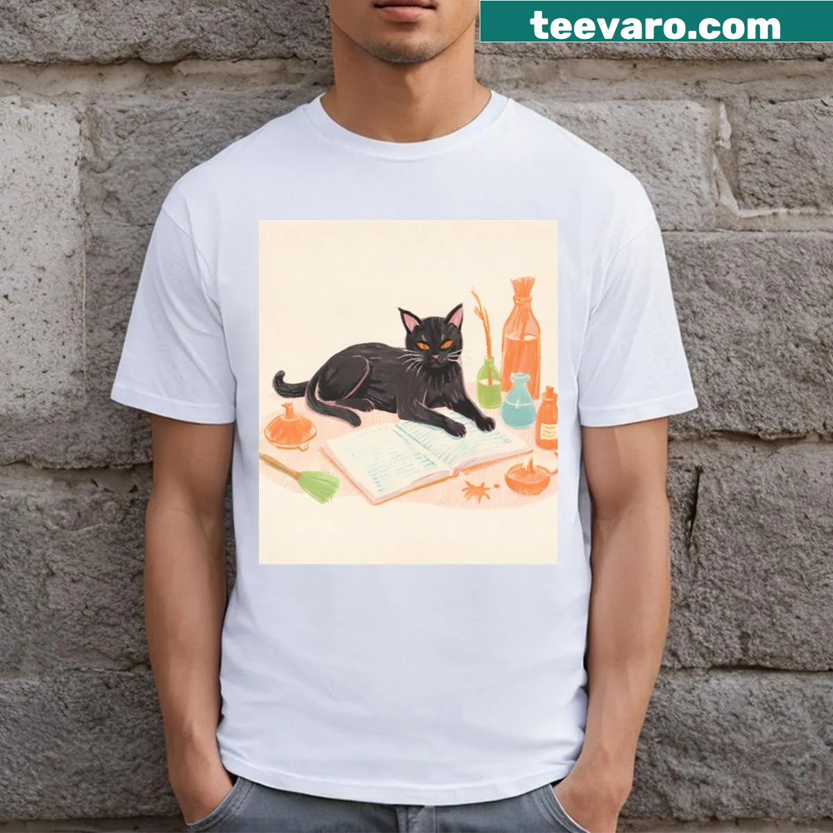 Magical illustration of a cat sorceress for a whimsical touch. — on a men's t-shirt