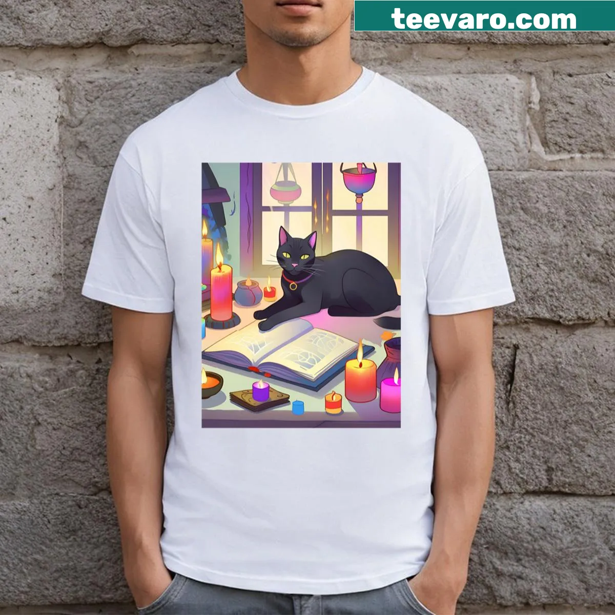 Illustration of a sorceress cat with a wizard hat on a t-shirt — on a men's t-shirt