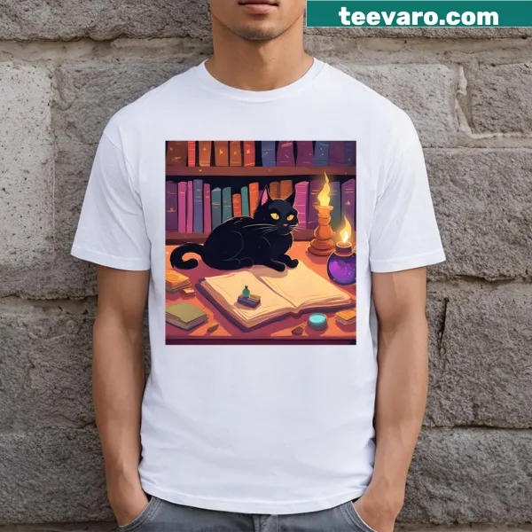 Charming cat sorceress illustration with stars on t-shirt