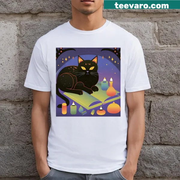 Illustration of a cat sorceress surrounded by stars on t-shirt