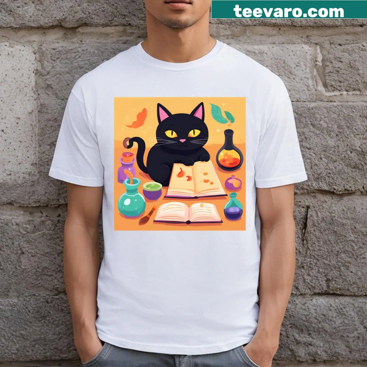 Whimsical illustration of a sorceress cat on a t-shirt — on a men's t-shirt