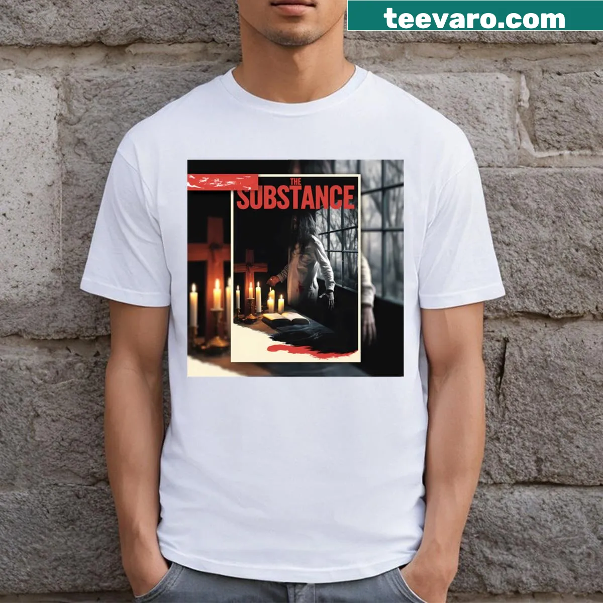 Horror-themed t-shirt with vintage distressed graphics — on a men's t-shirt