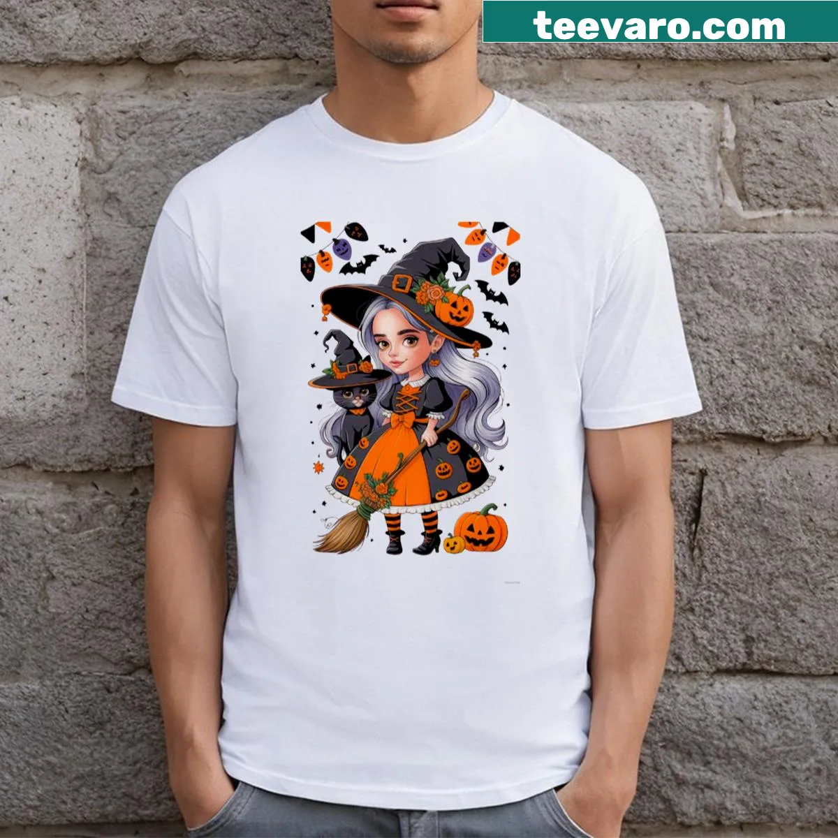 Cartoon Wicked Witch t-shirt with a playful Halloween design — on a men's t-shirt