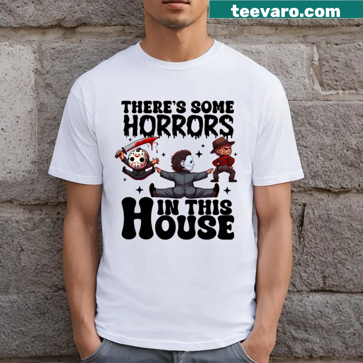 Horror-themed T-shirt featuring spooky house design — on a men's t-shirt