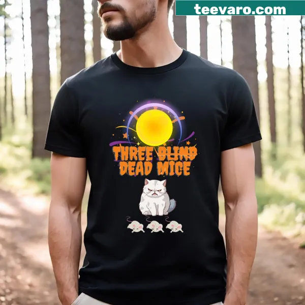 Three Blind Mice illustrations on a Halloween-themed T-shirt
