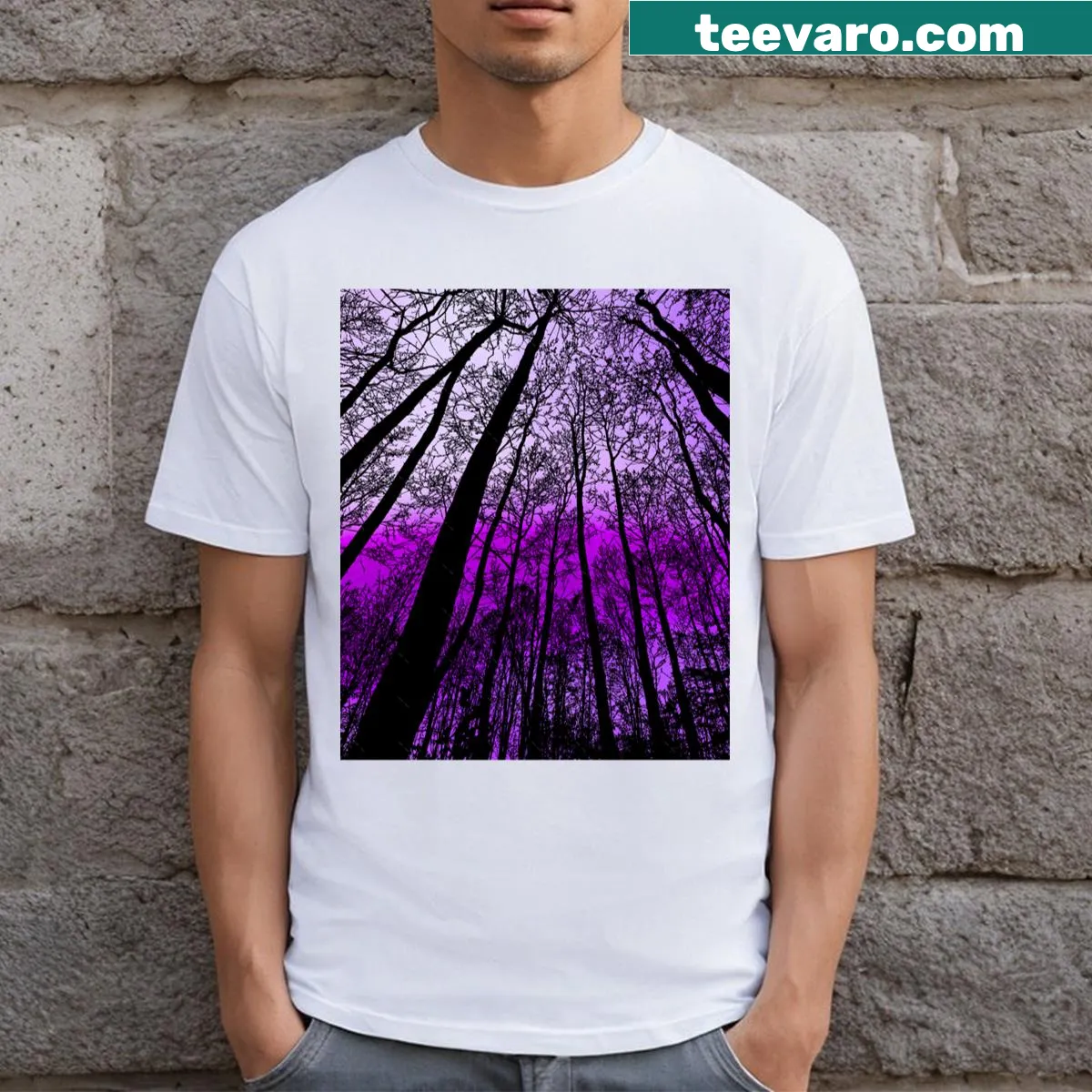 Silhouette of tall forest trees against a purple sky on a t-shirt — on a men's t-shirt