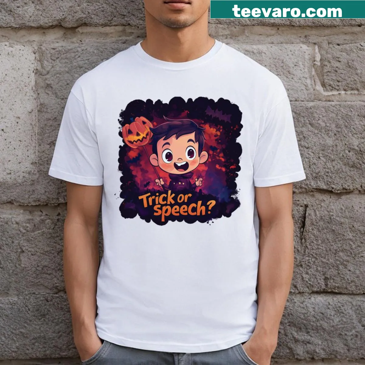 Cute Trick Or Speech Halloween t-shirt with cartoon design — on a men's t-shirt