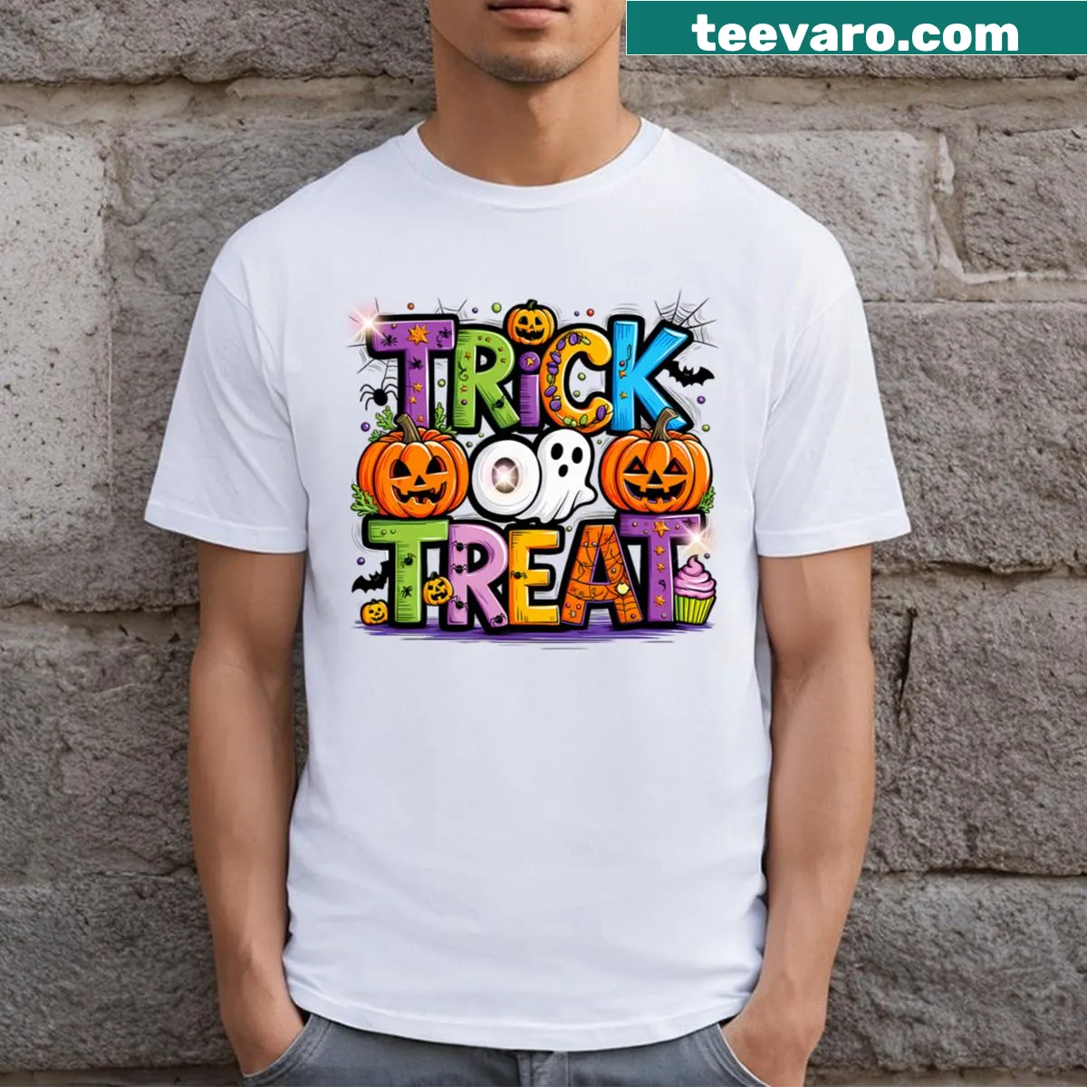 Playful Trick Or Treat Halloween t-shirt design — on a men's t-shirt