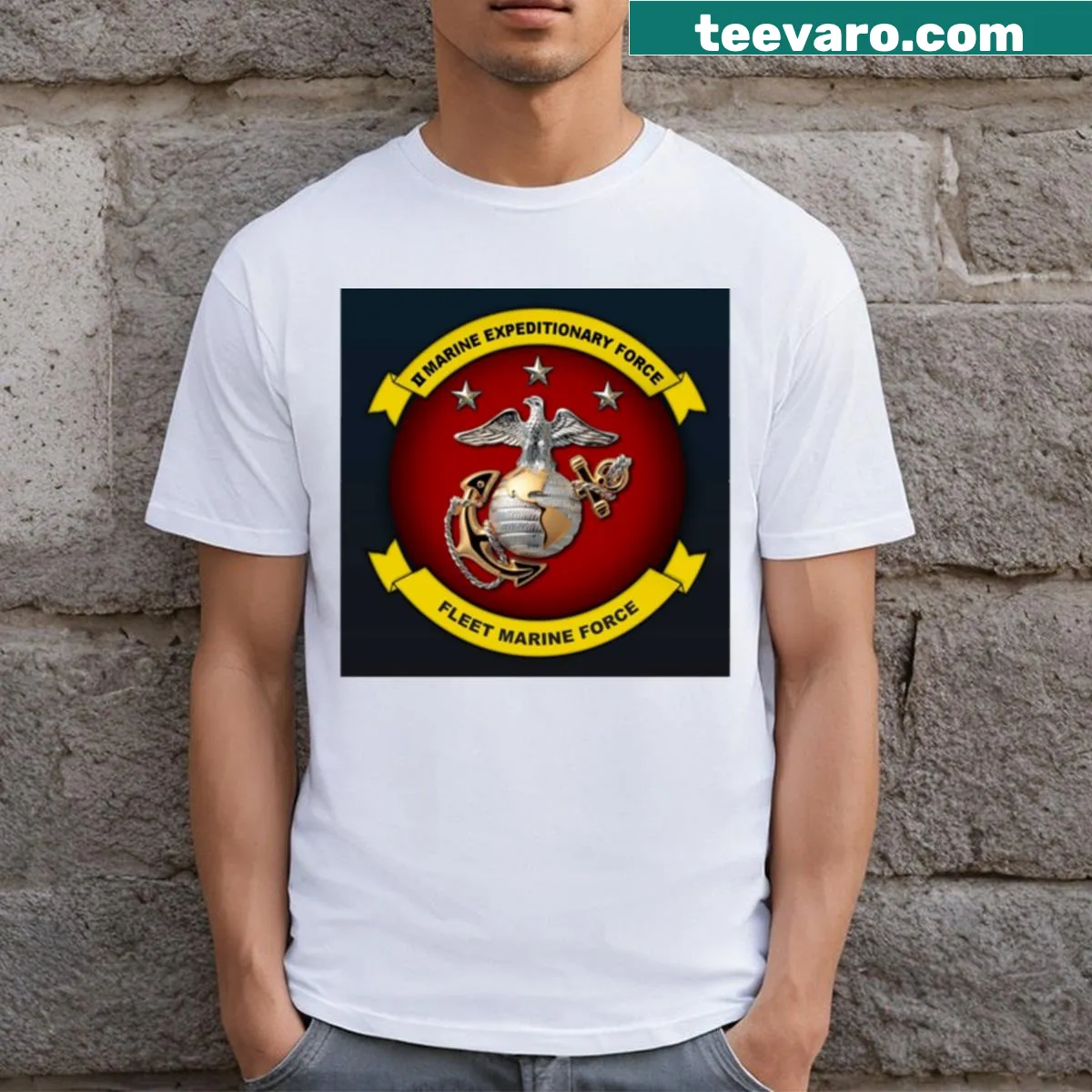 Military-themed T-shirt with Marine Corps emblem — on a men's t-shirt