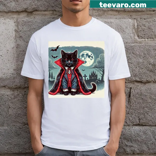 Cartoon vampire cat graphic on a humorous T-shirt for cat lovers