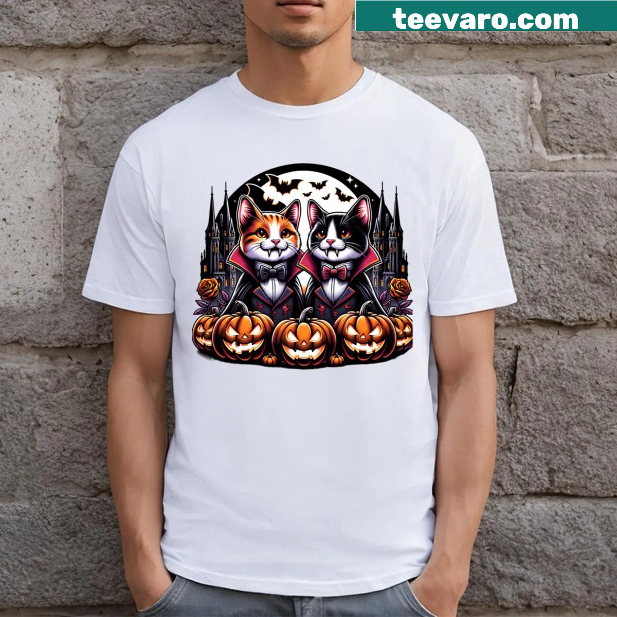 Cute design of vampire cats on Halloween-themed t-shirt — on a men's t-shirt