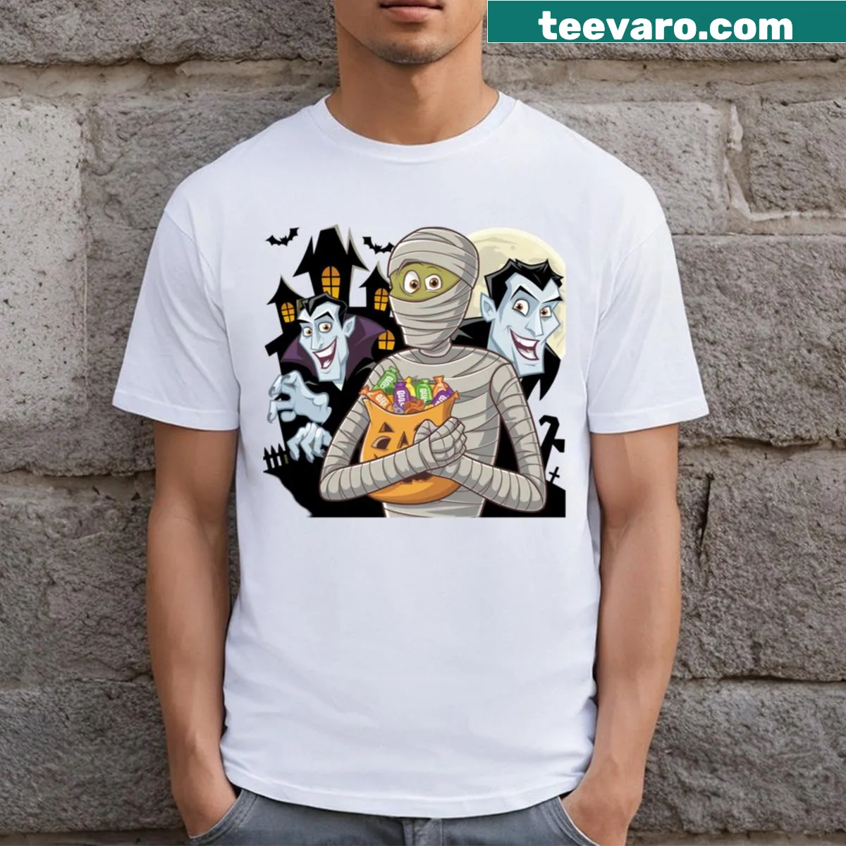 Illustration of vampire, werewolf, and mummy in a spooky design for Halloween — on a men's t-shirt