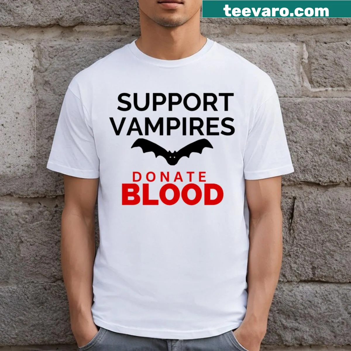 Illustrated vampire-themed Halloween t-shirt — on a men's t-shirt