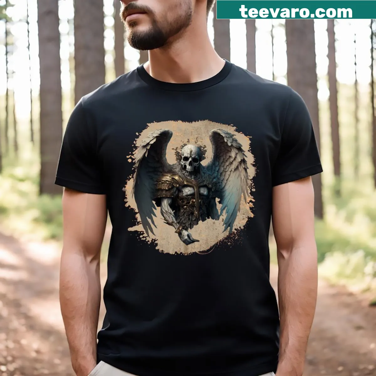 Illustrated Warrior Angel graphic on a t-shirt — on a men's t-shirt