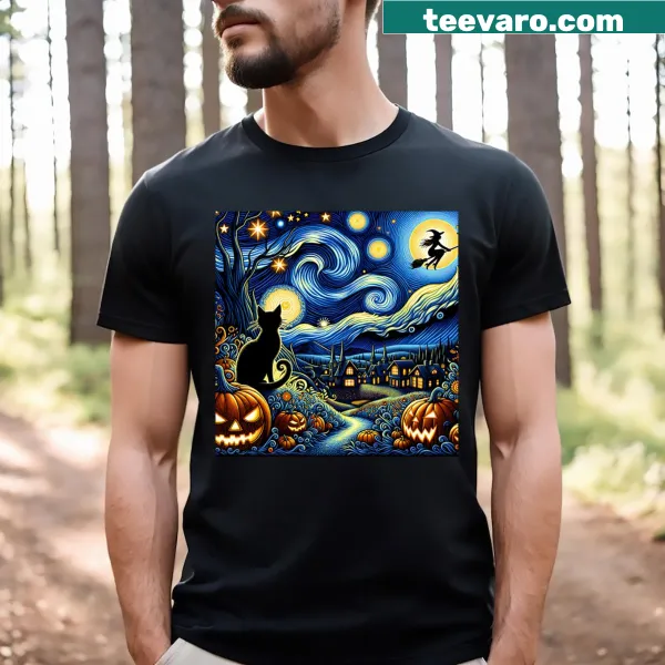 Halloween-themed T-shirt with black cat and witch illustration