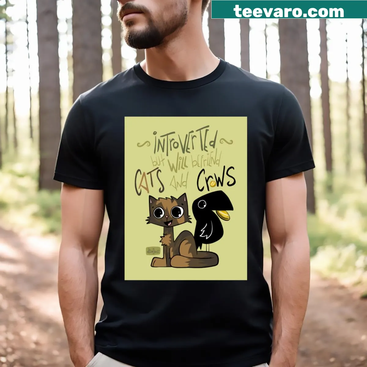 T-shirt with the phrase 'Will Befriend Cats And Crows' in fun typography — on a men's t-shirt