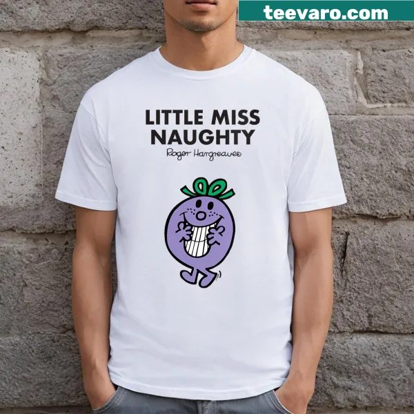 Playful Mr. Men and Little Miss characters illustrated on a women's V-neck T-shirt.