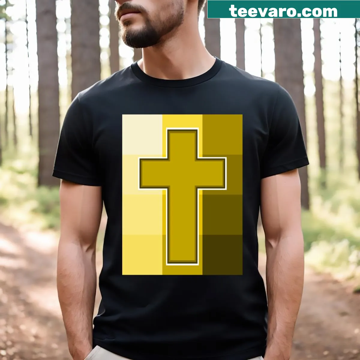 Minimalist Yellow Cross T-shirt featuring a bold cross design — on a men's t-shirt