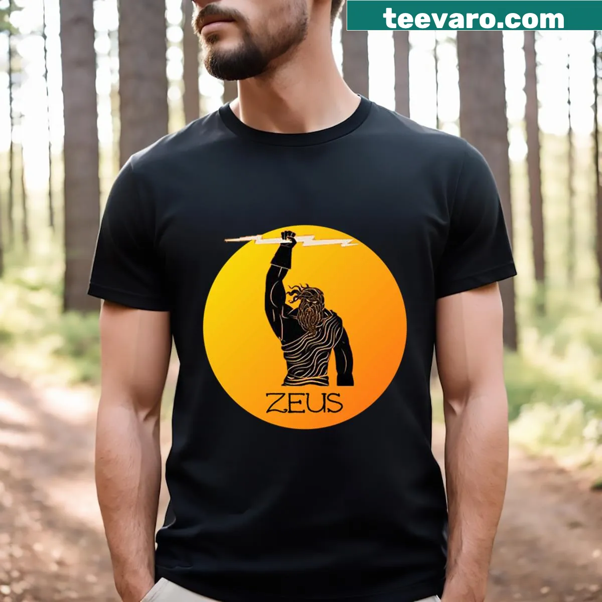 Illustration of Zeus, the Greek god, with a regal pose — on a men's t-shirt