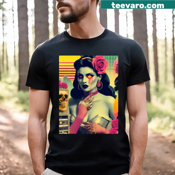 Retro design T-shirt featuring an 80s horror woman