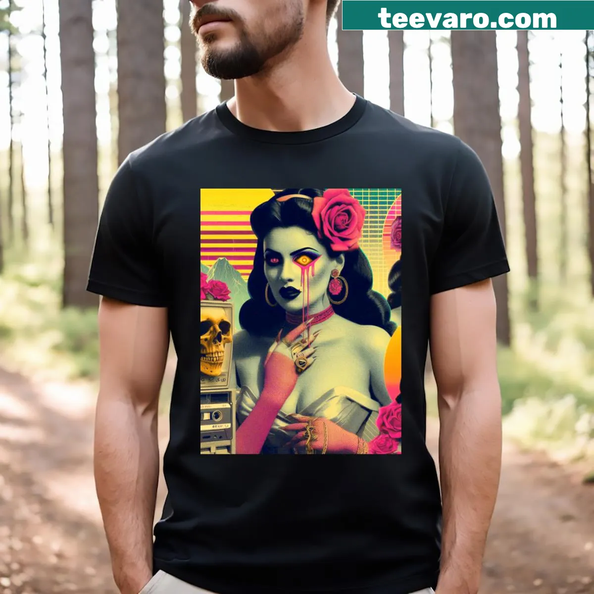 Retro design T-shirt featuring an 80s horror woman — on a men's t-shirt