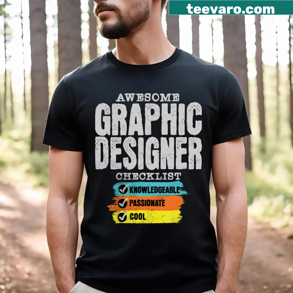 Funny graphic designer checklist t-shirt with playful typography — on a men's t-shirt