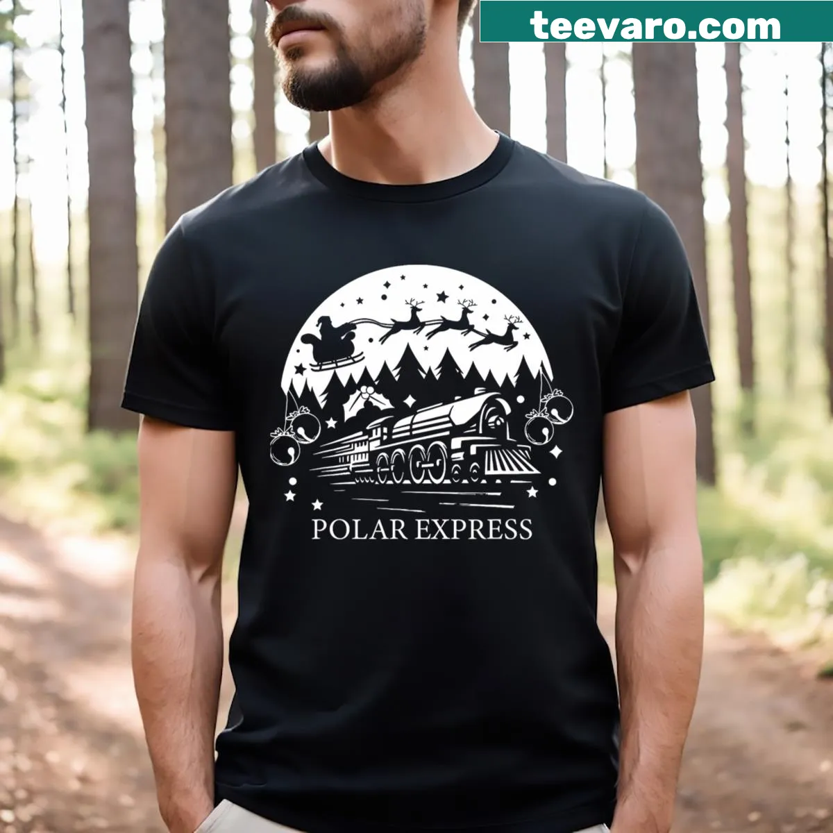 Vintage train graphic heading to the North Pole for Christmas — on a men's t-shirt