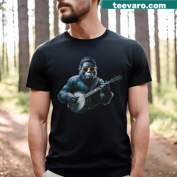 Bigfoot playing banjo with musical notes in an illustrated graphic.