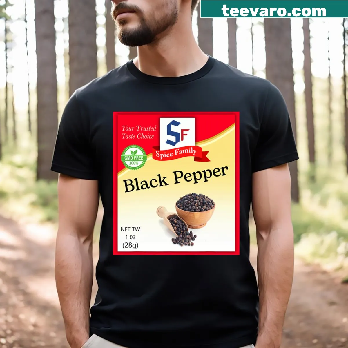 Cartoon black pepper shaker graphic t-shirt — on a men's t-shirt